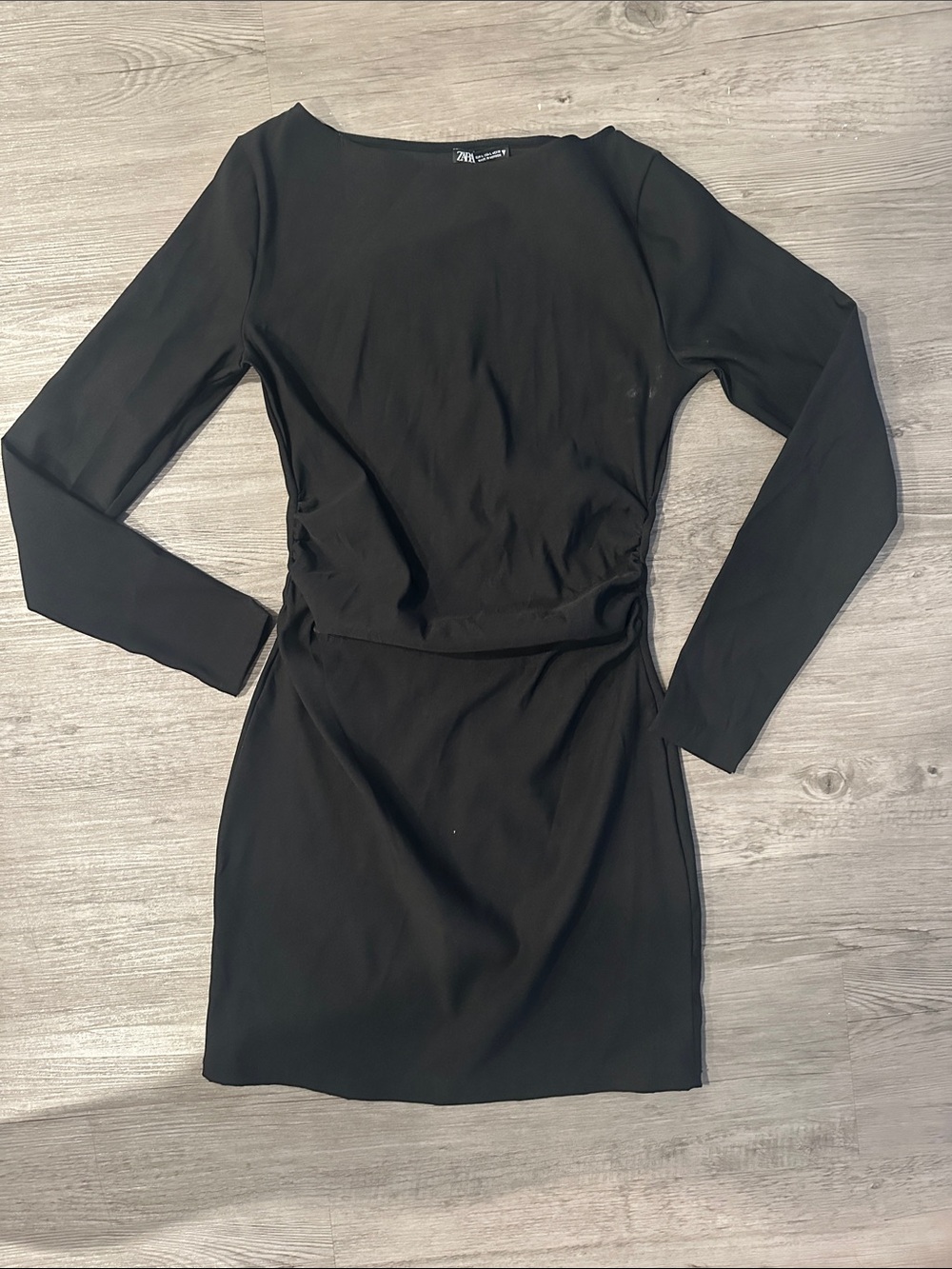 Zara Black Long-Sleeve Ruched-Waist Mini Dress